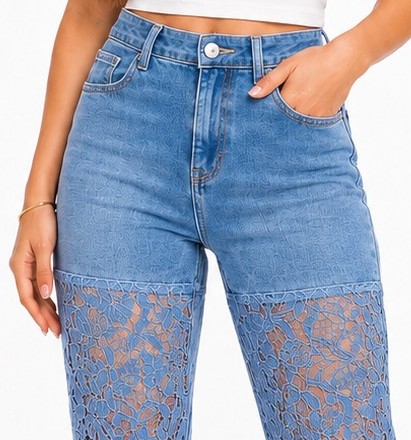 Spodnie damskie jeansy Wide Leg ozdobna koronka niebieskie
