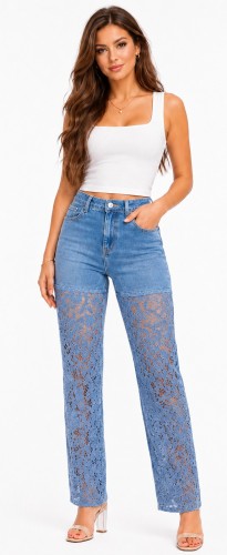 Spodnie damskie jeansy Wide Leg ozdobna koronka niebieskie