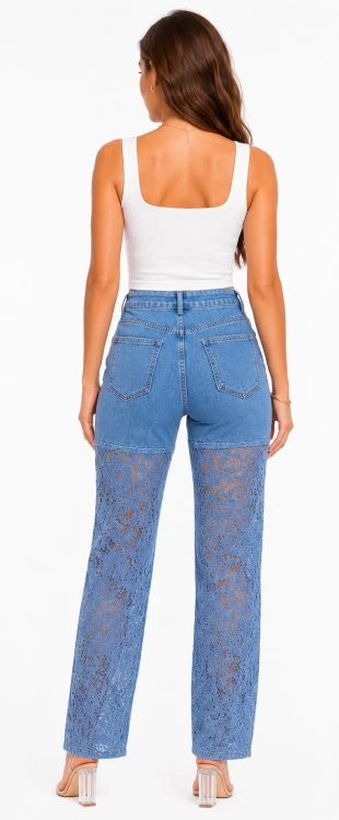 Spodnie damskie jeansy Wide Leg ozdobna koronka niebieskie