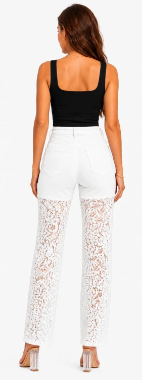 Spodnie damskie jeansy Wide Leg ozdobna koronka białe