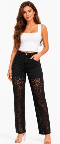 Spodnie damskie jeansy Wide Leg ozdobna koronka czarne