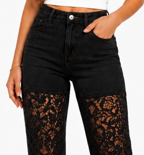 Spodnie damskie jeansy Wide Leg ozdobna koronka czarne
