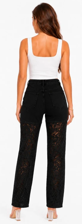 Spodnie damskie jeansy Wide Leg ozdobna koronka czarne