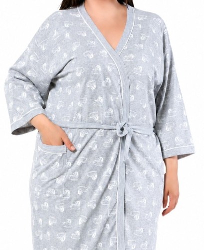Szlafrok damski bawełniany przed kolano PLUS SIZE szary serduszka