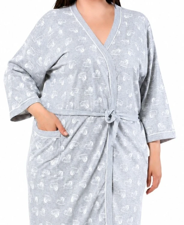 Szlafrok damski bawełniany przed kolano PLUS SIZE szary serduszka