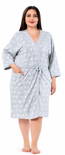 Szlafrok damski bawełniany przed kolano PLUS SIZE szary serduszka