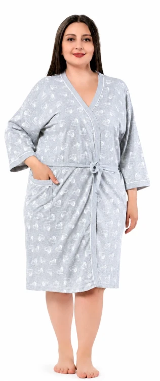 Szlafrok damski bawełniany przed kolano PLUS SIZE szary serduszka