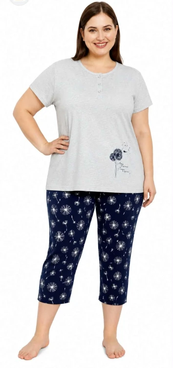 Piżama damska bawełniana ze spodniami 3/4 PLUS SIZE szara