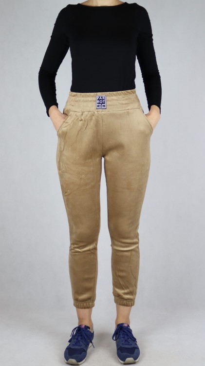 Spodnie dresowe welurowe joggery wysoki stan beżowe