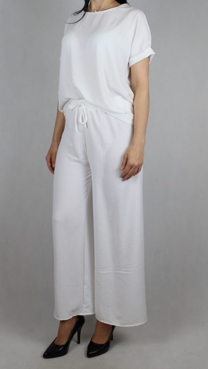 Komplet damski biały bluzka z krótkim rękawem i spodnie