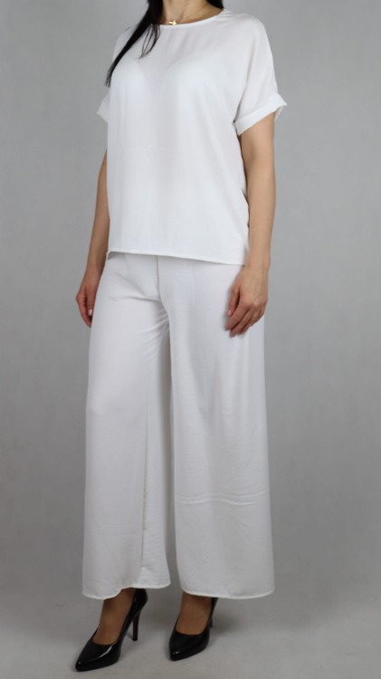 Komplet damski biały bluzka z krótkim rękawem i spodnie
