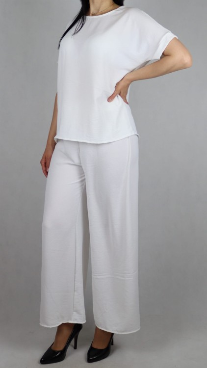 Komplet damski biały bluzka z krótkim rękawem i spodnie