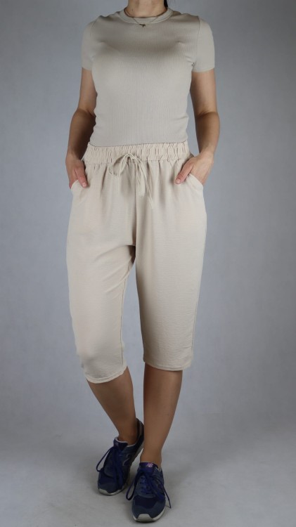 Spodnie damskie 3/4 rybaczki luźne kieszenie duże rozmiary beż