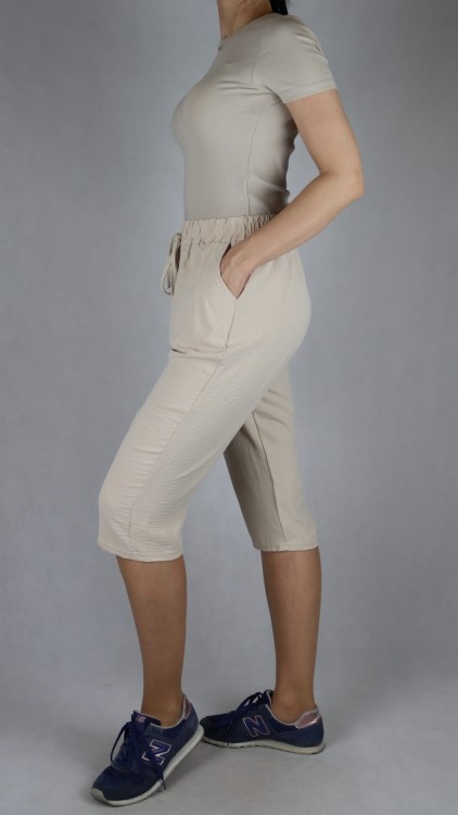 Spodnie damskie 3/4 rybaczki luźne kieszenie duże rozmiary beż