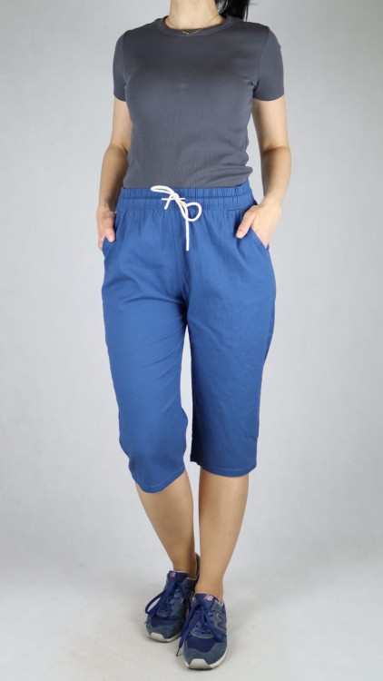 Spodnie damskie 3/4 rybaczki bawełniane A'la lniane letnie luźne kieszenie niebieskie