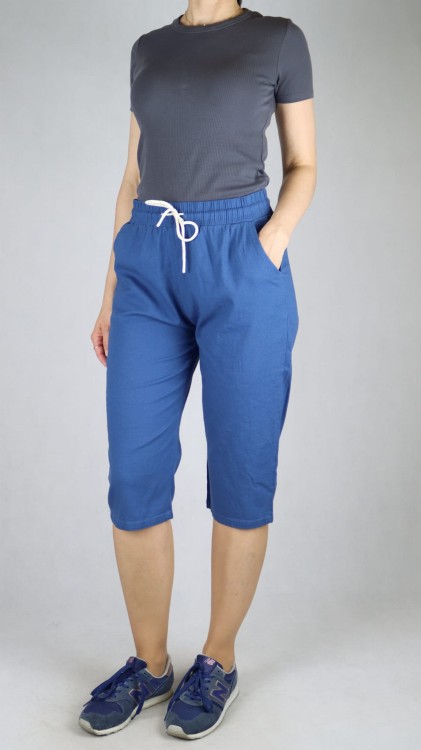 Spodnie damskie 3/4 rybaczki bawełniane A'la lniane letnie luźne kieszenie niebieskie