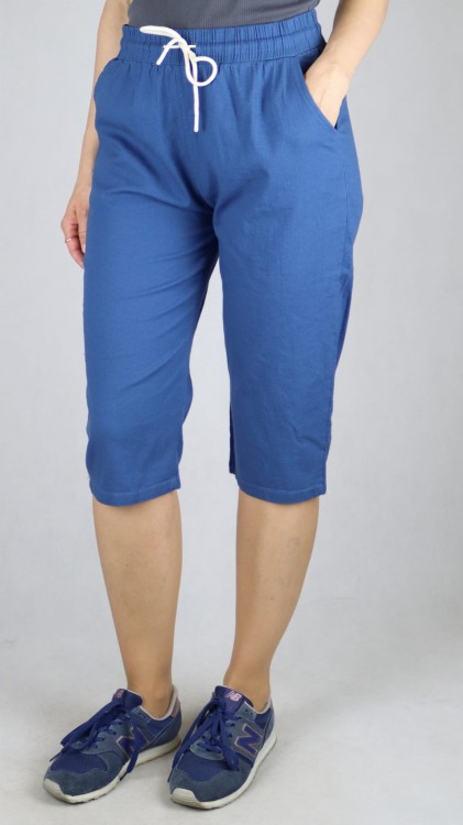 Spodnie damskie 3/4 rybaczki bawełniane A'la lniane letnie luźne kieszenie niebieskie