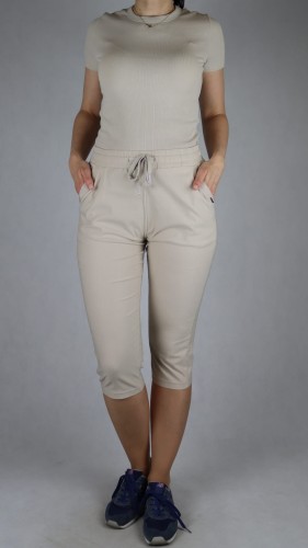 Spodnie damskie rybaczki 3/4 gumka i sznurek w talii kieszenie duże rozmiary beż