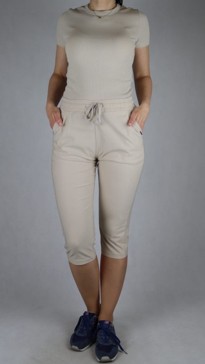 Spodnie damskie rybaczki 3/4 gumka i sznurek w talii kieszenie duże rozmiary beż