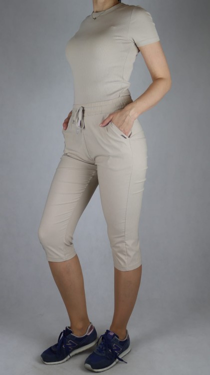 Spodnie damskie rybaczki 3/4 gumka i sznurek w talii kieszenie duże rozmiary beż