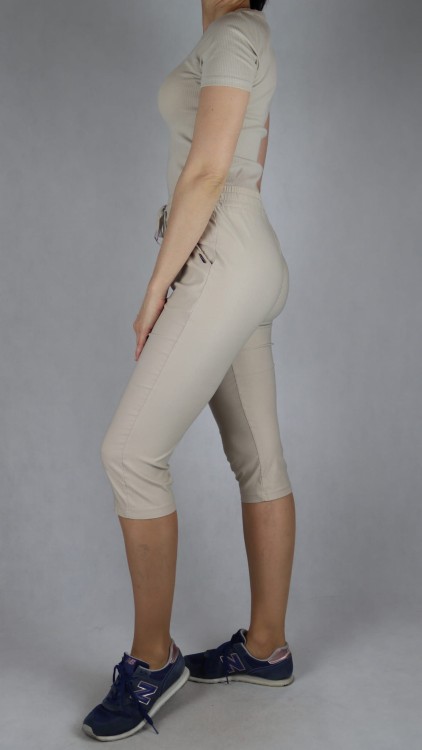 Spodnie damskie rybaczki 3/4 gumka i sznurek w talii kieszenie duże rozmiary beż