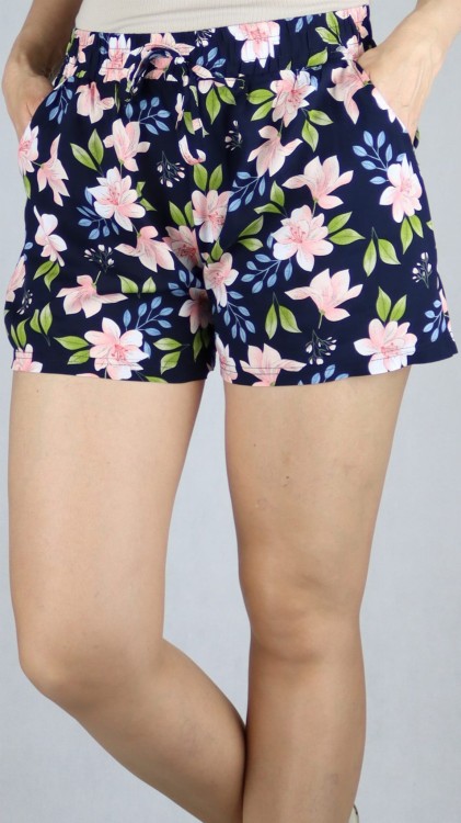 Spodenki damskie szorty luźne kieszenie kwiaty granatowe