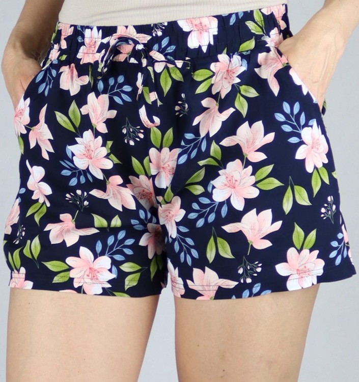Spodenki damskie szorty luźne kieszenie kwiaty granatowe