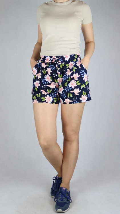Spodenki damskie szorty luźne kieszenie kwiaty granatowe