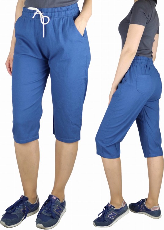 Spodnie damskie 3/4 rybaczki bawełniane A'la lniane letnie luźne kieszenie niebieskie