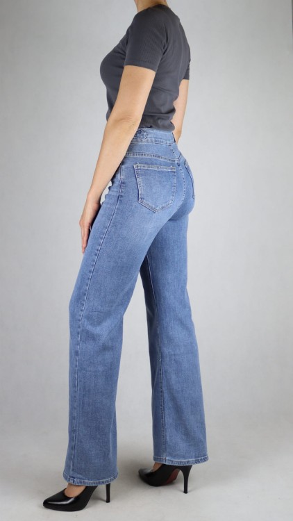 Spodnie damskie Jeansy wysoki stan proste szerokie nogawki