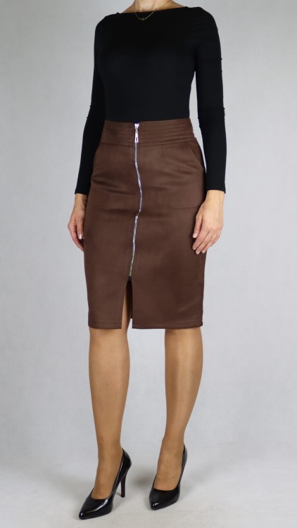 Spódnica zamszowa ozdobny zamek midi brązowa