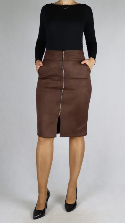 Spódnica zamszowa ozdobny zamek midi brązowa