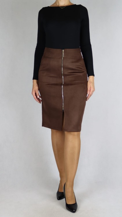 Spódnica zamszowa ozdobny zamek midi brązowa