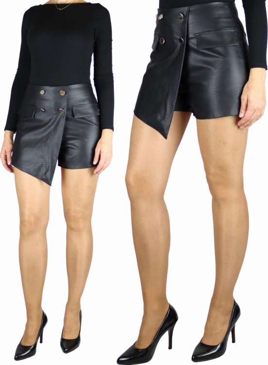 Spodenki damskie z zakładką spódnico - spodenki z patkami skórzane z guzikami czarne
