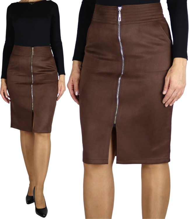 Spódnica zamszowa ozdobny zamek midi brązowa