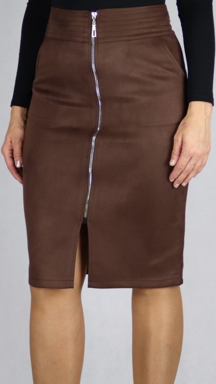 Spódnica zamszowa ozdobny zamek midi brązowa