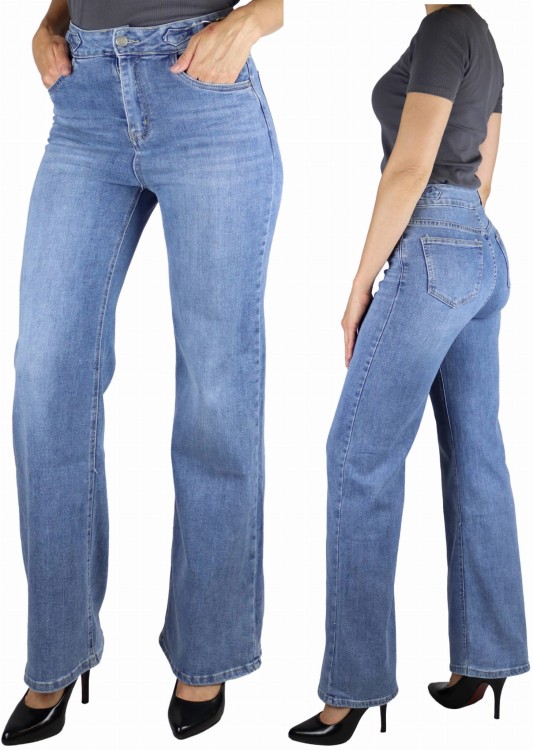 Spodnie damskie Jeansy wysoki stan proste szerokie nogawki