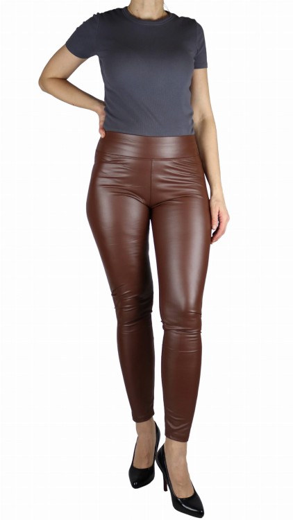 Legginsy damskie z eko skóry lekko ocieplane czekoladowy brąz