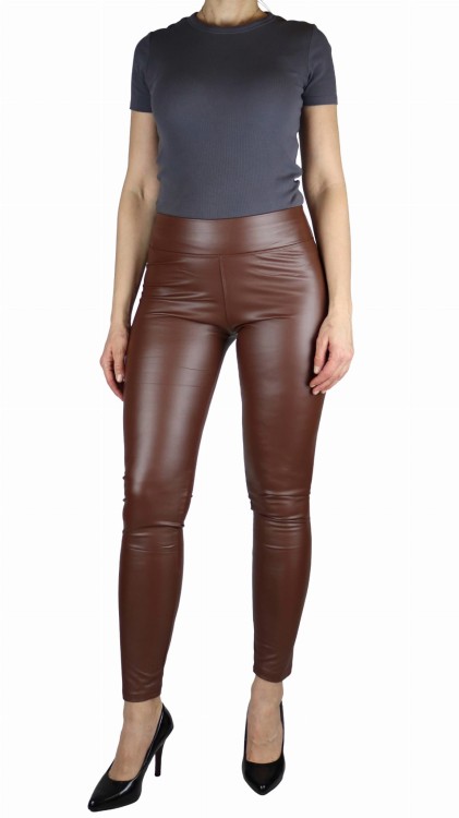 Legginsy damskie z eko skóry lekko ocieplane czekoladowy brąz