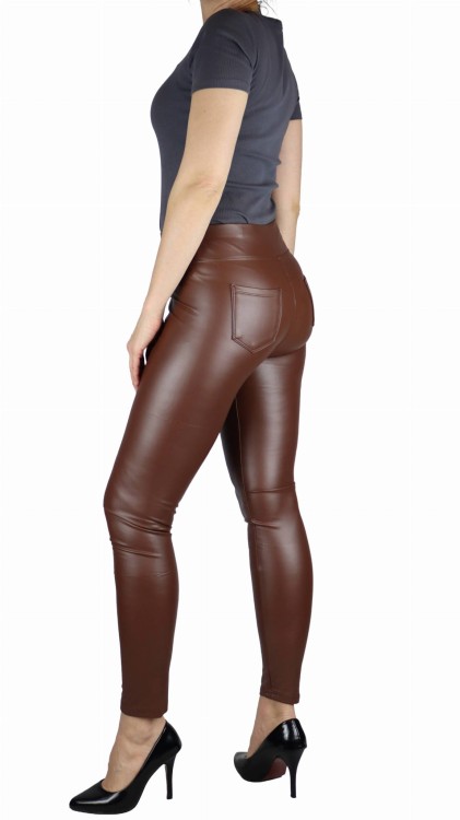 Legginsy damskie z eko skóry lekko ocieplane czekoladowy brąz