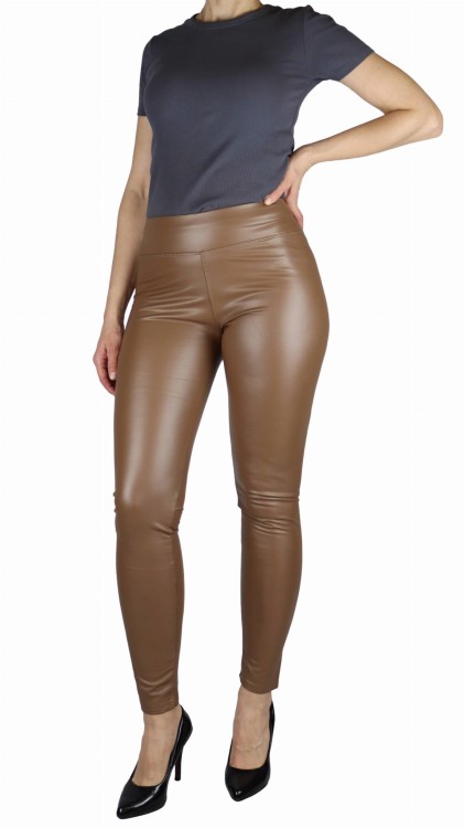 Legginsy damskie z eko skóry lekko ocieplane karmel