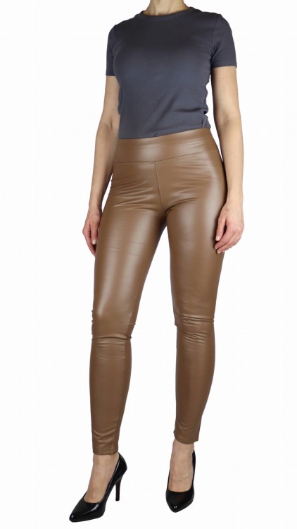 Legginsy damskie z eko skóry lekko ocieplane karmel