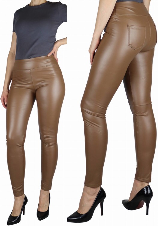 Legginsy damskie z eko skóry lekko ocieplane karmel