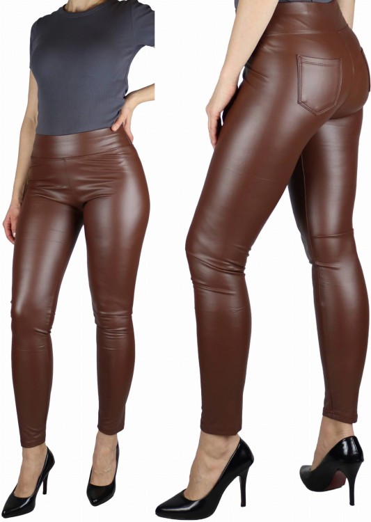 Legginsy damskie z eko skóry lekko ocieplane czekoladowy brąz