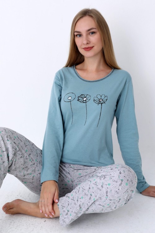 Piżama damska bawełniana długi rękaw niebieska (rozm. L-3XL)