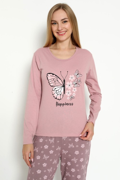 Piżama damska bawełniana długi rękaw różowa (rozm. L-3XL)
