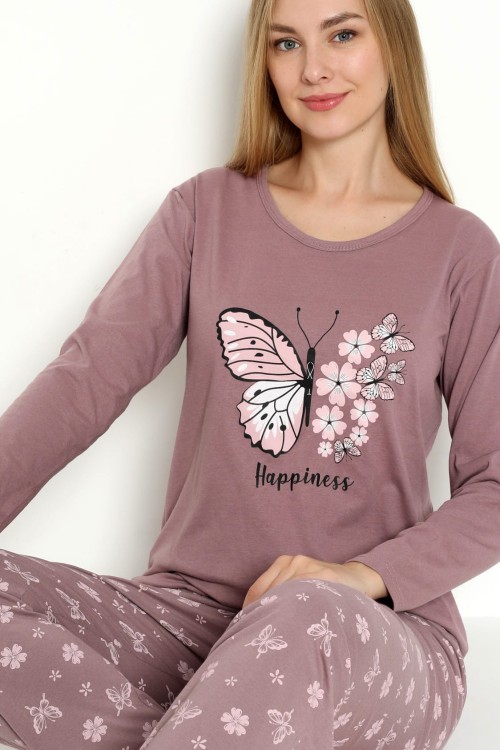 Piżama damska bawełniana długi rękaw śliwka (rozm. L-3XL)
