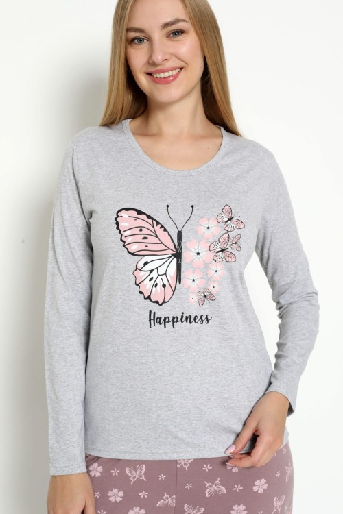 Piżama damska bawełniana długi rękaw szare (rozm. L-3XL)