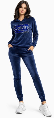 Dres damski welurowy z kapturem Cekiny granatowy