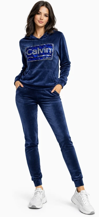 Dres damski welurowy z kapturem Cekiny granatowy